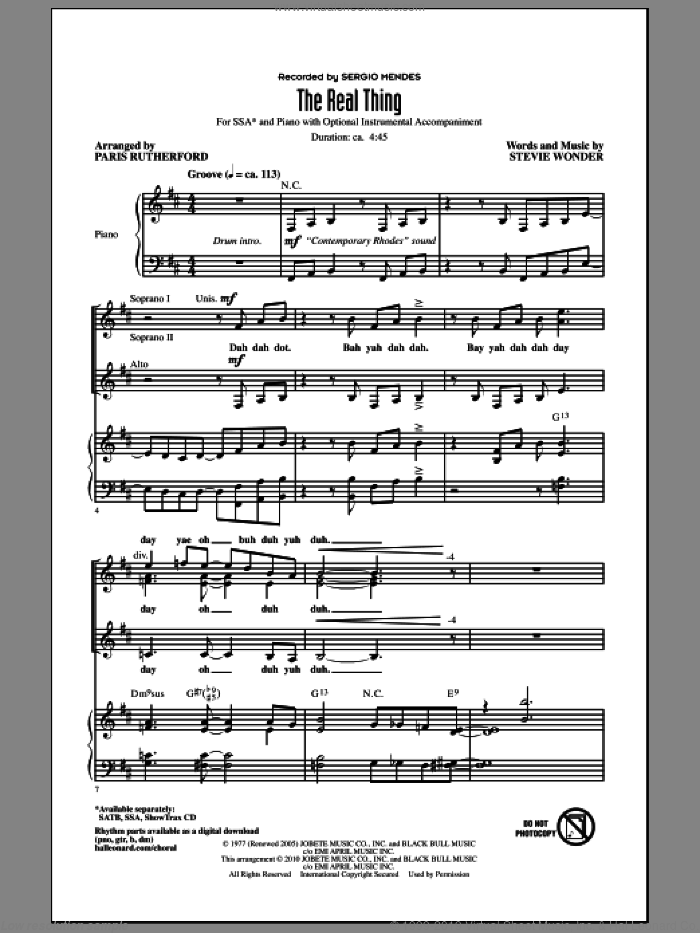 The Real Thing sheet music for choir (SSA: soprano, alto) by Stevie Wonder, Paris Rutherford and Sergio Mendes, intermediate skill level