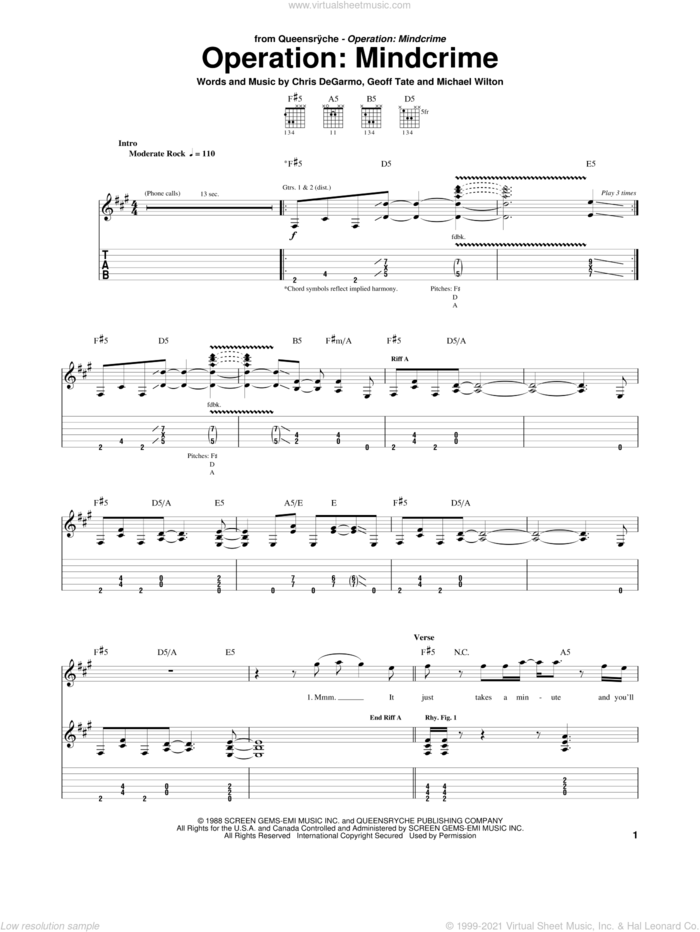 Operation: Mindcrime sheet music for guitar (tablature) by Queensryche, Chris DeGarmo, Geoff Tate and Michael Wilton, intermediate skill level