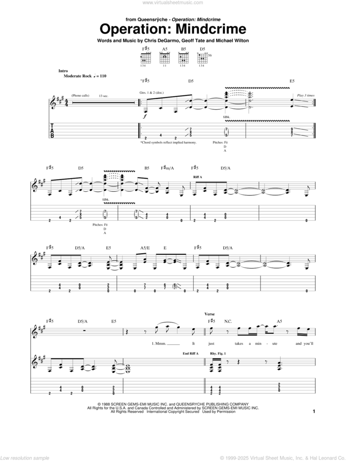 Operation: Mindcrime sheet music for guitar (tablature) by Queensryche, Chris DeGarmo, Geoff Tate and Michael Wilton, intermediate skill level