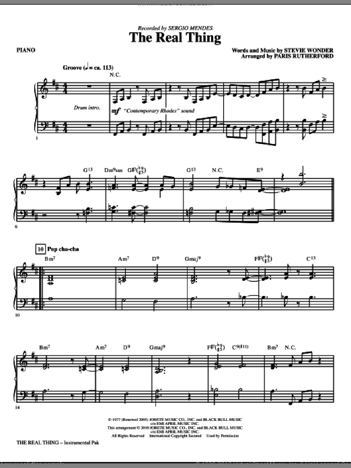 The Real Thing (complete set of parts) sheet music for orchestra/band (Rhythm) by Stevie Wonder, Paris Rutherford and Sergio Mendes, intermediate skill level