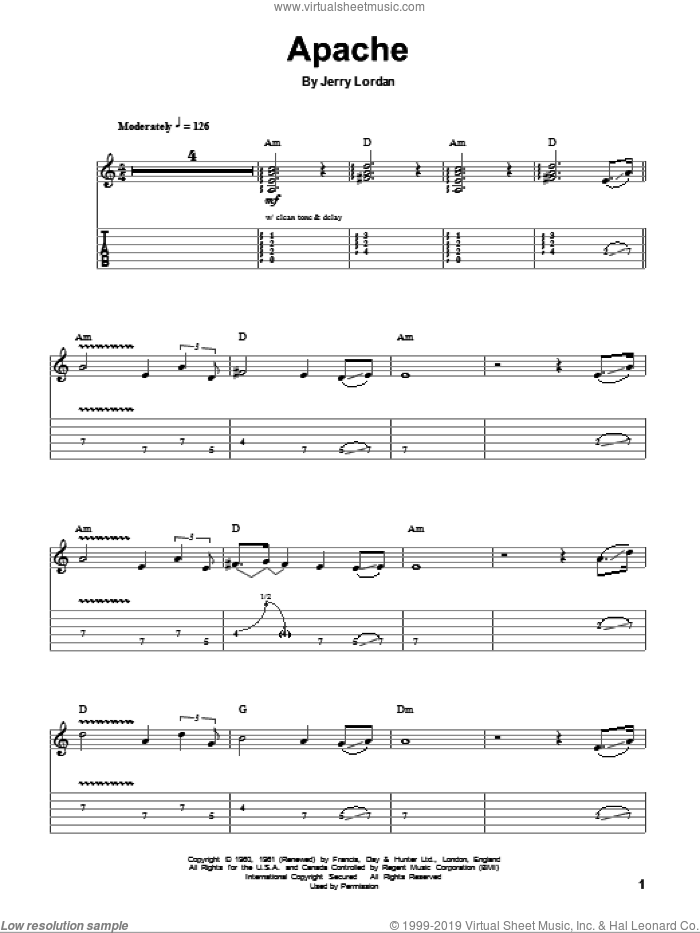 Apache sheet music for guitar (tablature, play-along) by Jorgen Ingmann and Jerry Lordan, intermediate skill level