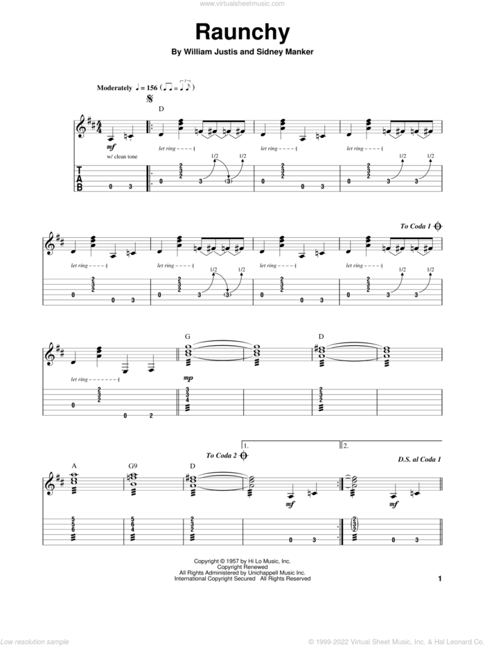 Raunchy sheet music for guitar (tablature, play-along) by Bill Justis, Sidney Manker and William Justis, intermediate skill level