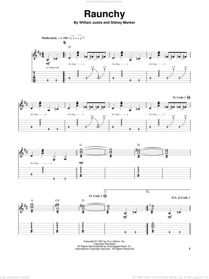 Raunchy sheet music for guitar (tablature, play-along) by Bill Justis, Sidney Manker and William Justis, intermediate skill level