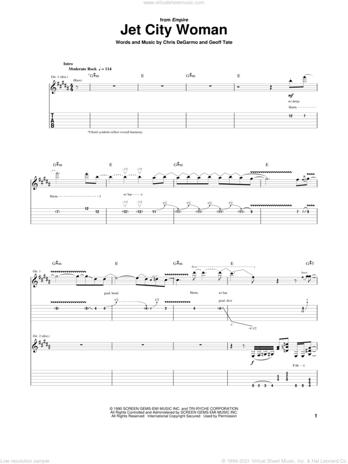 Jet City Woman sheet music for guitar (tablature) by Queensryche, Chris DeGarmo and Geoff Tate, intermediate skill level