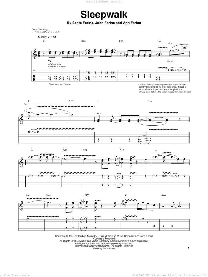 Sleepwalk sheet music for guitar (tablature, play-along) by Santo & Johnny, Ann Farina, John Farina and Santo Farina, intermediate skill level