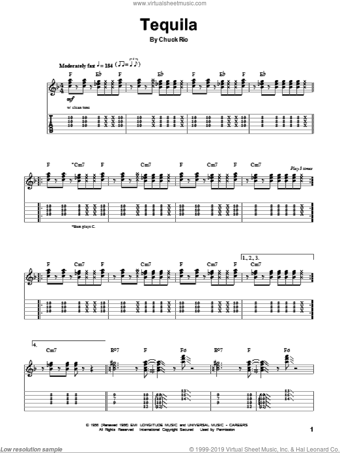 Tequila sheet music for guitar (tablature, play-along) by The Champs and Chuck Rio, intermediate skill level