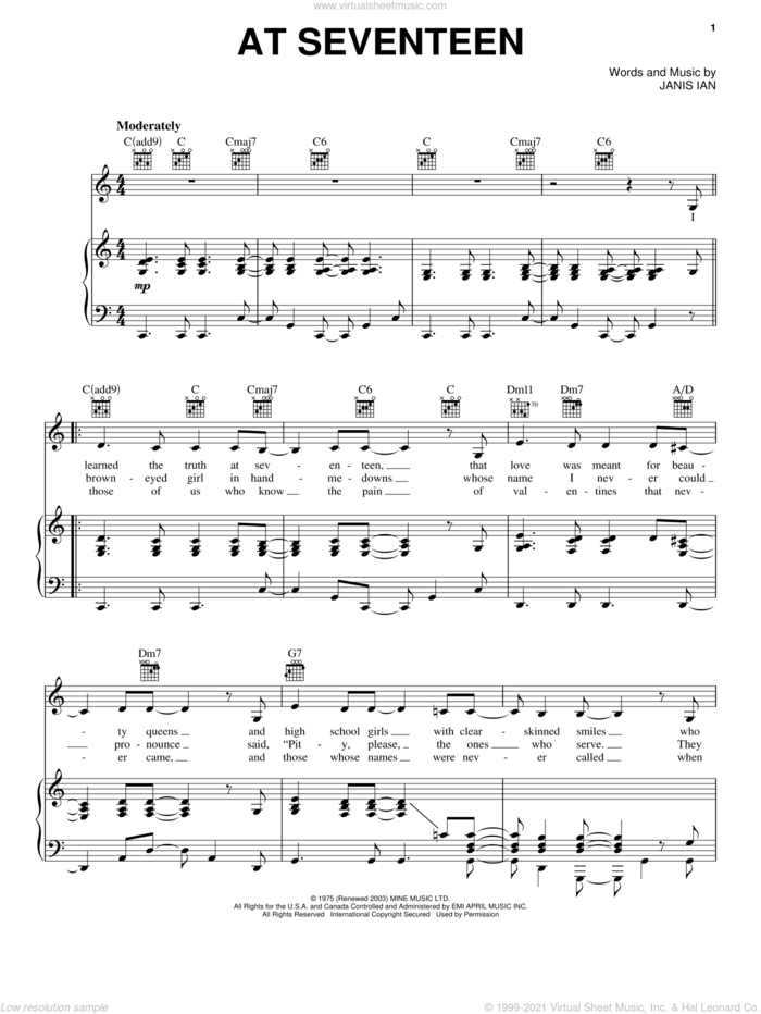 At Seventeen sheet music for voice, piano or guitar by Janis Ian, intermediate skill level
