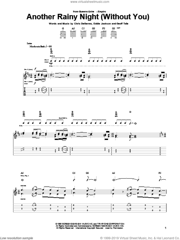 Another Rainy Night (Without You) sheet music for guitar (tablature) by Queensryche, Chris DeGarmo, Eddie Jackson and Geoff Tate, intermediate skill level