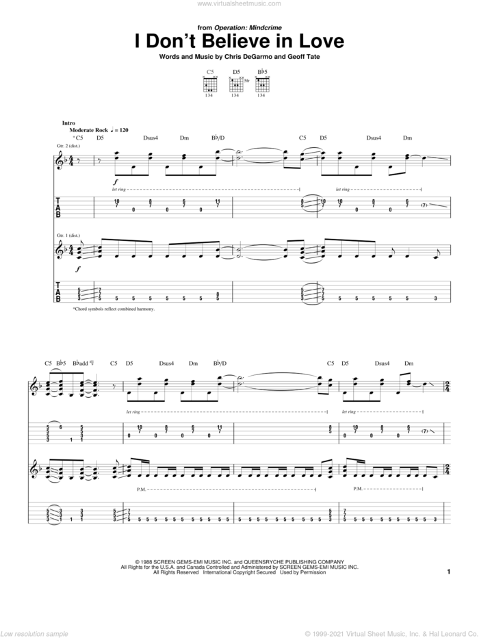 I Don't Believe In Love sheet music for guitar (tablature) by Queensryche, Chris DeGarmo and Geoff Tate, intermediate skill level