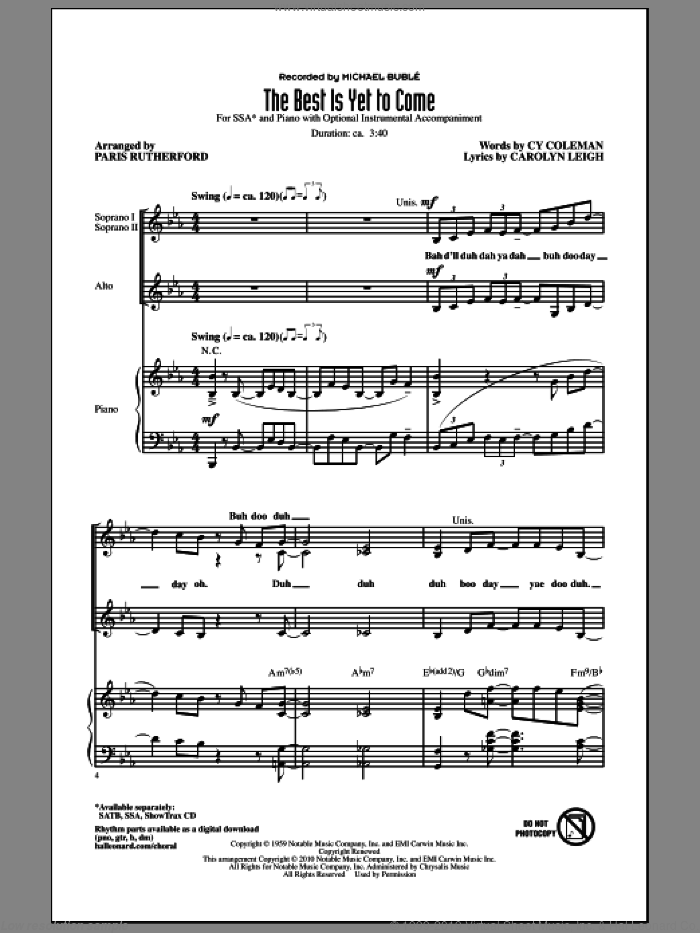 The Best Is Yet To Come sheet music for choir (SSA: soprano, alto) by Cy Coleman, Carolyn Leigh, Michael Buble and Paris Rutherford, intermediate skill level
