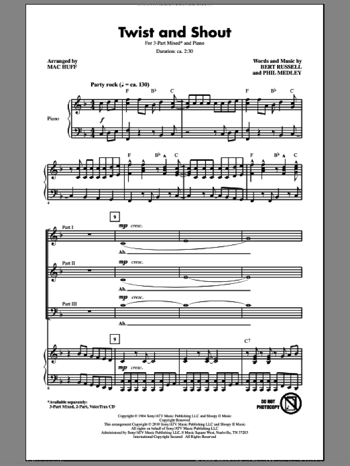 Twist And Shout sheet music for choir (3-Part Mixed) by Bert Russell, Phil Medley, Mac Huff, The Beatles and The Isley Brothers, intermediate skill level