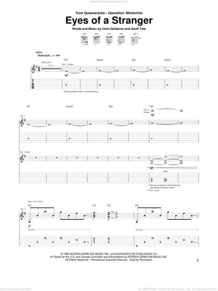 Eyes Of A Stranger sheet music for guitar (tablature) by Queensryche, Chris DeGarmo and Geoff Tate, intermediate skill level