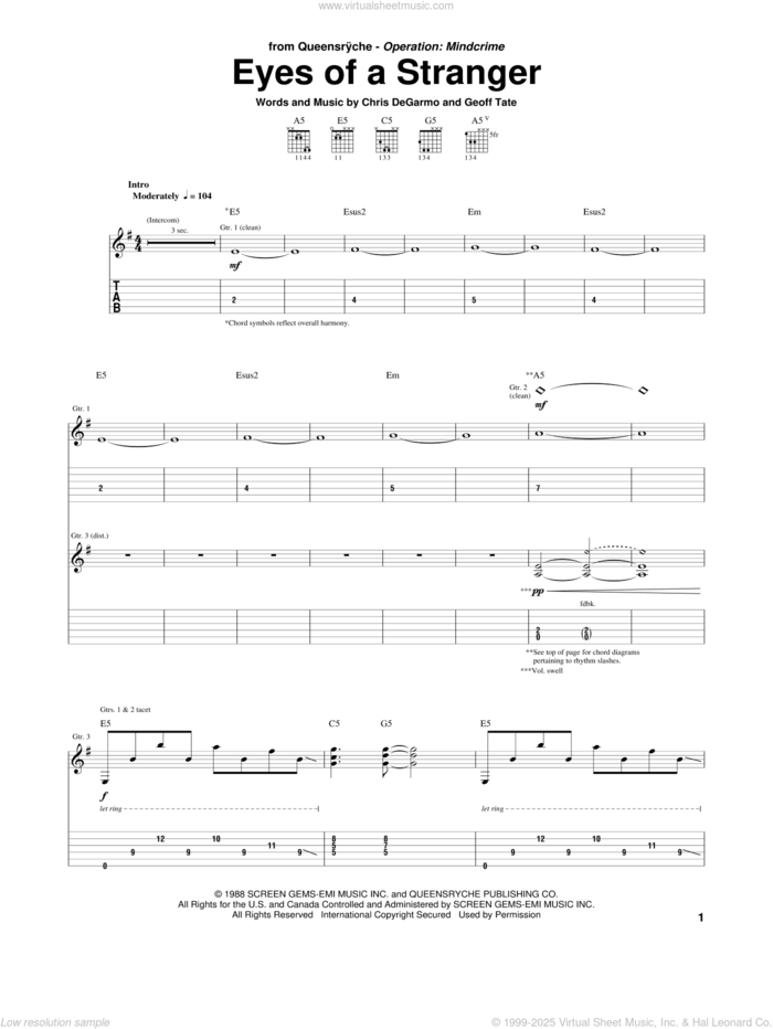 Eyes Of A Stranger sheet music for guitar (tablature) by Queensryche, Chris DeGarmo and Geoff Tate, intermediate skill level