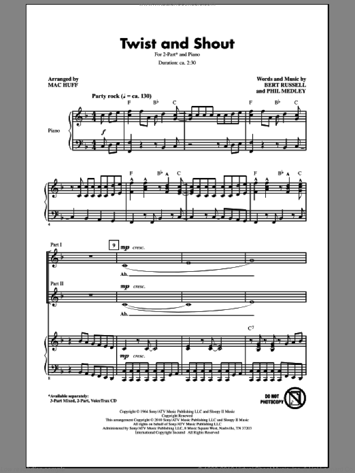 Twist And Shout sheet music for choir (2-Part) by Bert Russell, Phil Medley, Mac Huff, The Beatles and The Isley Brothers, intermediate duet
