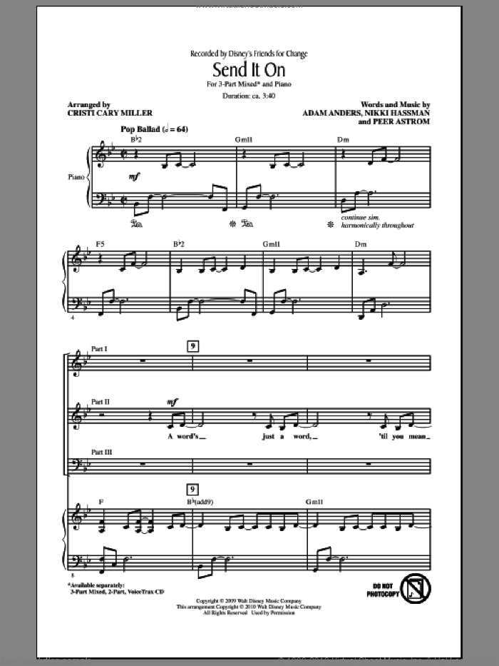 Send It On sheet music for choir (3-Part Mixed) by Peer Astrom, Adam Anders, Nikki Hassman and Cristi Cary Miller, intermediate skill level