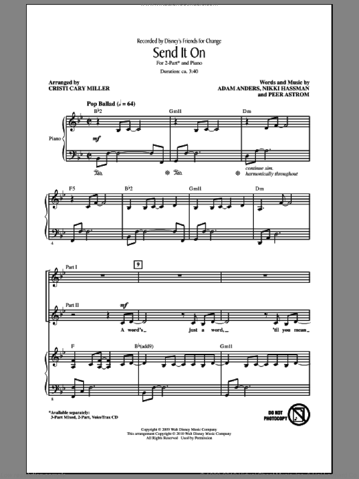 Send It On (arr. Cristi Cary Miller) sheet music for choir (2-Part) by Disney's Friends for Change, Adam Anders, Nikki Hassman, Peer Astrom and Cristi Cary Miller, intermediate duet