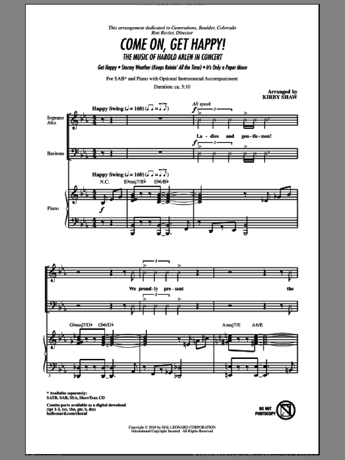 Come On, Get Happy! The Music Of Harold Arlen In Concert (Medley) sheet music for choir (SAB: soprano, alto, bass) by Harold Arlen, Billy Rose, E.Y. Harburg, Kirby Shaw and Ted Koehler, intermediate skill level
