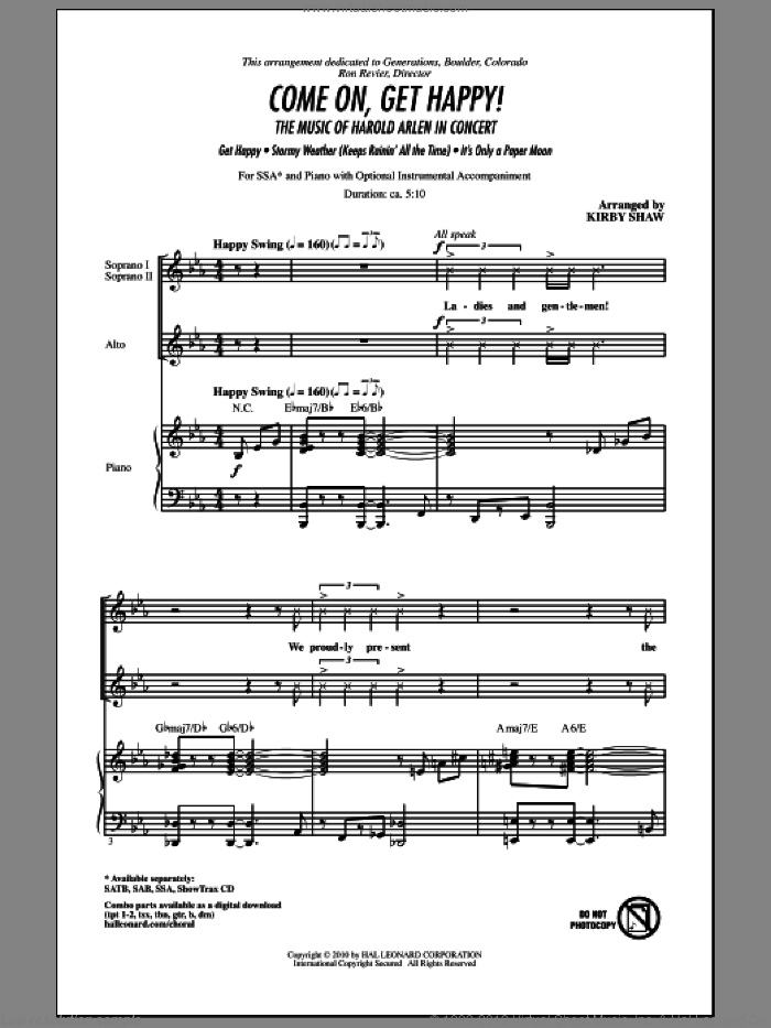 Come On, Get Happy! The Music Of Harold Arlen In Concert (Medley) sheet music for choir (SSA: soprano, alto) by Harold Arlen, Billy Rose, E.Y. Harburg, Kirby Shaw and Ted Koehler, intermediate skill level