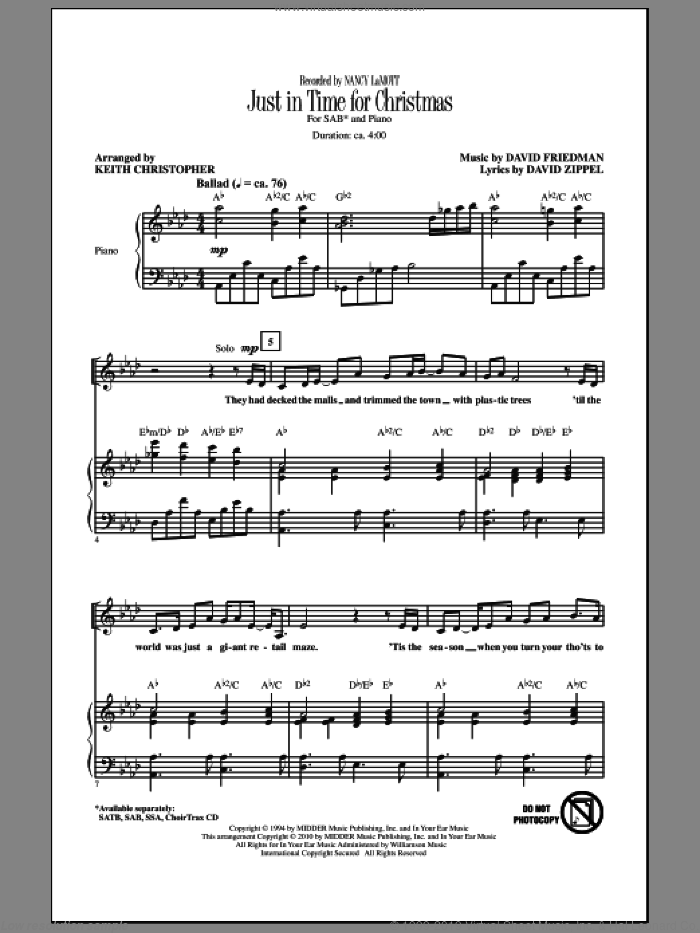 Just In Time For Christmas sheet music for choir (SAB: soprano, alto, bass) by David Zippel, David Friedman, Keith Christopher and Nancy Lamott, intermediate skill level