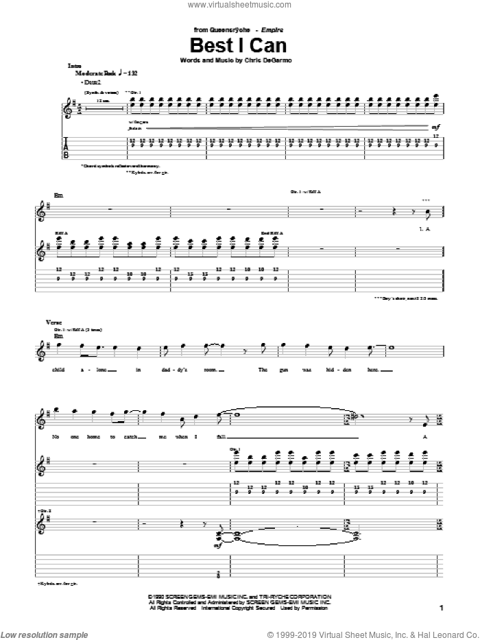 Best I Can sheet music for guitar (tablature) by Queensryche and Chris DeGarmo, intermediate skill level