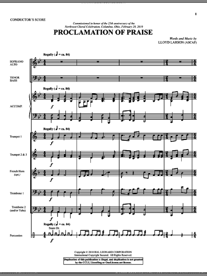 Proclamation Of Praise (COMPLETE) sheet music for orchestra/band (Brass) by Lloyd Larson, intermediate skill level