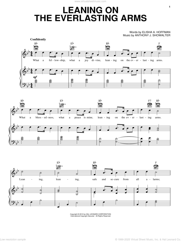 Leaning On The Everlasting Arms sheet music for voice, piano or guitar by Anthony J. Showalter and Elisha A. Hoffman, intermediate skill level