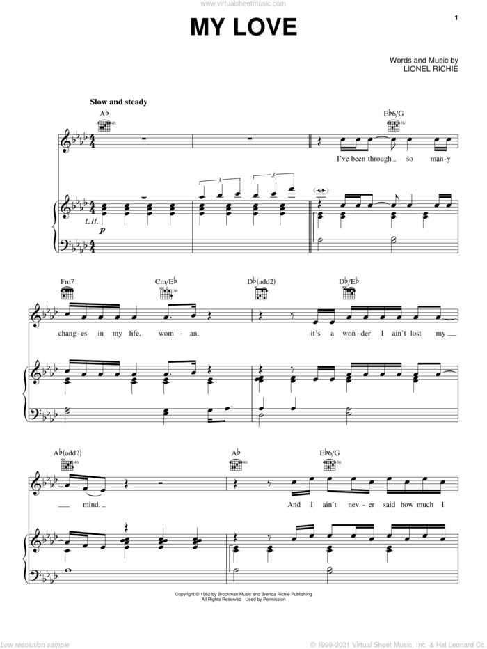 My Love sheet music for voice, piano or guitar by Lionel Richie, intermediate skill level