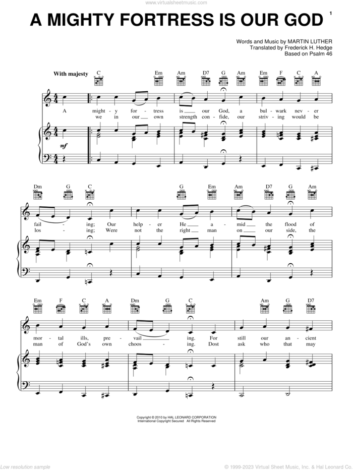 A Mighty Fortress Is Our God sheet music for voice, piano or guitar by Martin Luther and Frederick H. Hedge, intermediate skill level