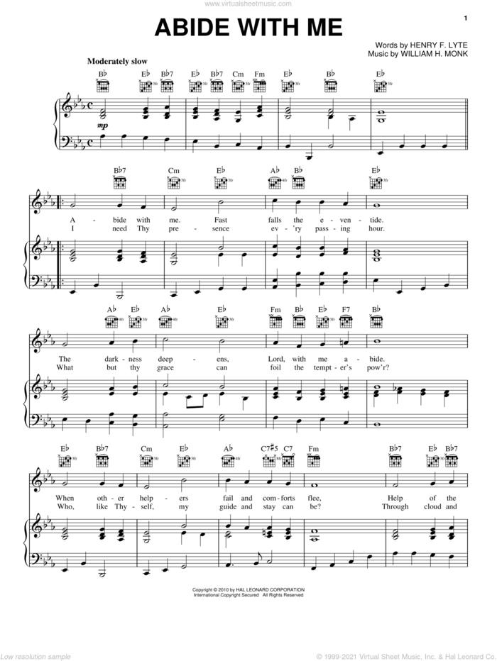 Abide With Me sheet music for voice, piano or guitar by Henry F. Lyte and William Henry Monk, intermediate skill level