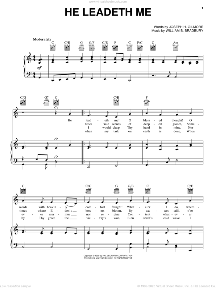 He Leadeth Me sheet music for voice, piano or guitar by William B. Bradbury and Joseph H. Gilmore, intermediate skill level