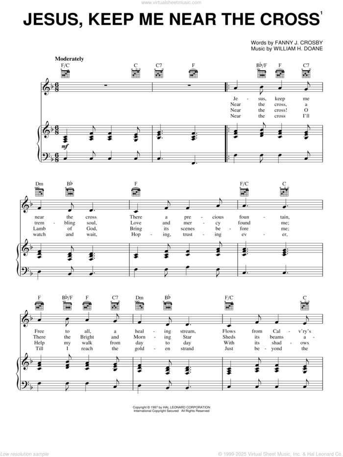 Jesus, Keep Me Near The Cross sheet music for voice, piano or guitar by Fanny J. Crosby and William H. Doane, intermediate skill level