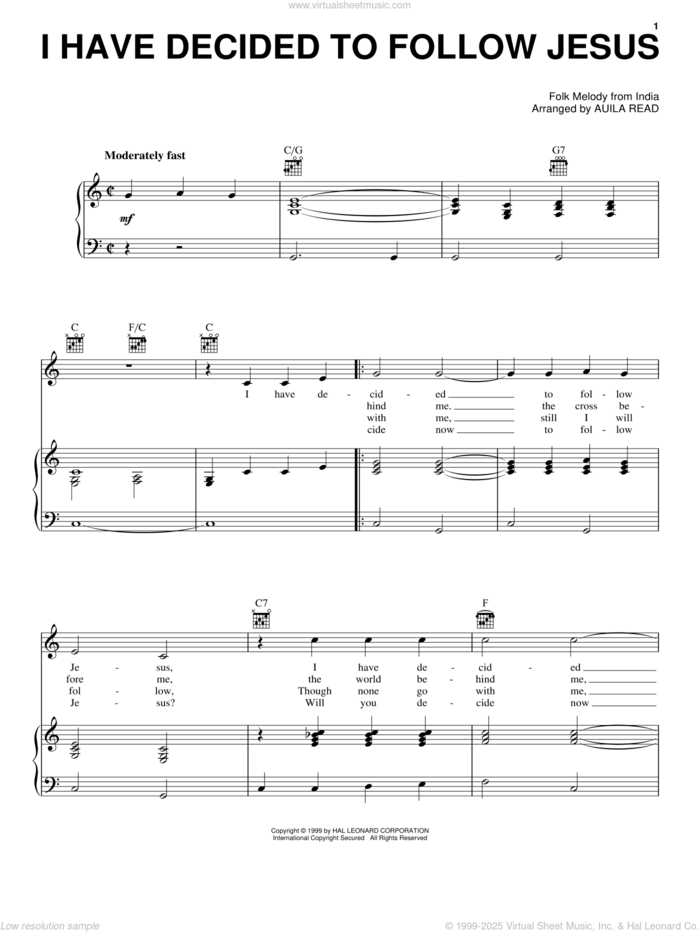 I Have Decided To Follow Jesus sheet music for voice, piano or guitar by Auila Read, intermediate skill level