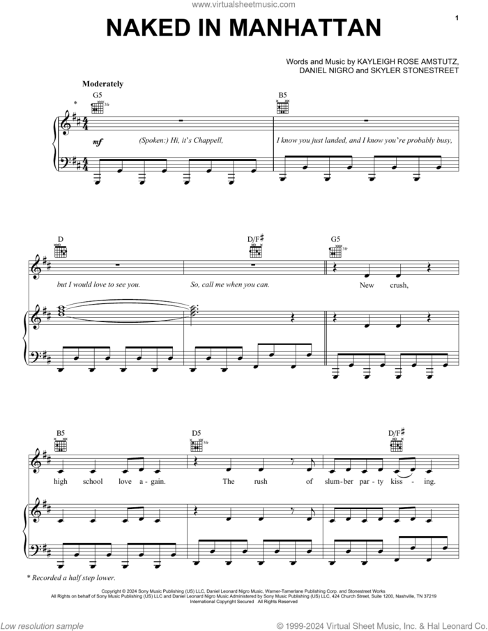 Naked In Manhattan sheet music for voice, piano or guitar by Chappell Roan, Daniel Nigro, Kayleigh Rose Amstutz and Skyler Stonestreet, intermediate skill level