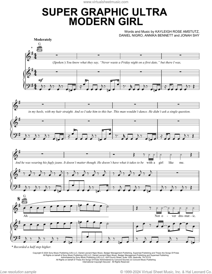 Super Graphic Ultra Modern Girl sheet music for voice, piano or guitar by Chappell Roan, Annika Bennett, Daniel Nigro, Jonah Shy and Kayleigh Rose Amstutz, intermediate skill level