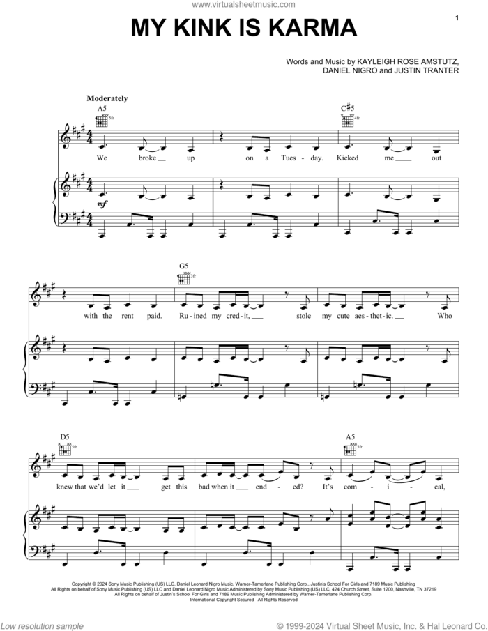 My Kink Is Karma sheet music for voice, piano or guitar by Chappell Roan, Daniel Nigro, Justin Tranter and Kayleigh Rose Amstutz, intermediate skill level