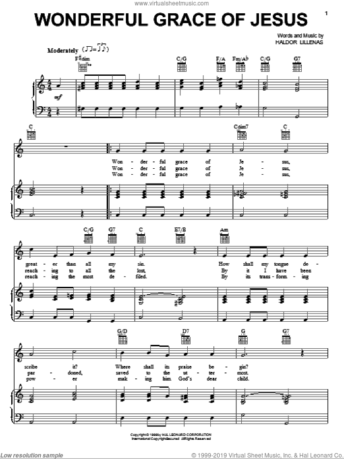 Wonderful Grace Of Jesus sheet music for voice, piano or guitar by Haldor Lillenas, intermediate skill level