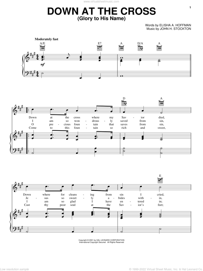 Down At The Cross (Glory To His Name) sheet music for voice, piano or guitar by Elisha A. Hoffman and John H. Stockton, intermediate skill level