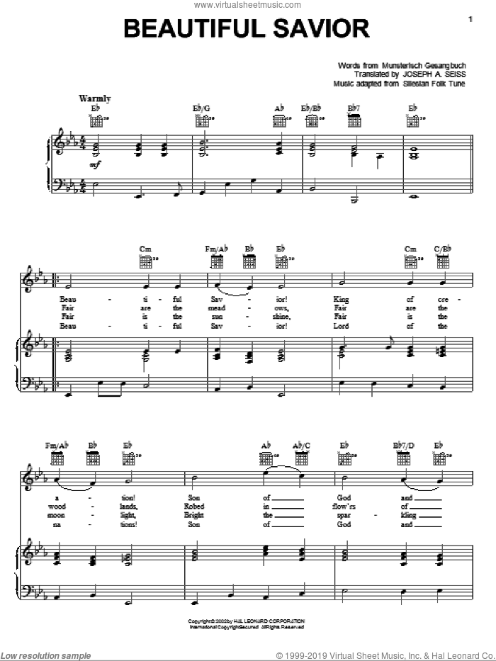 Beautiful Savior sheet music for voice, piano or guitar by Musterisch Gesangbuch and Joseph August Seiss, intermediate skill level