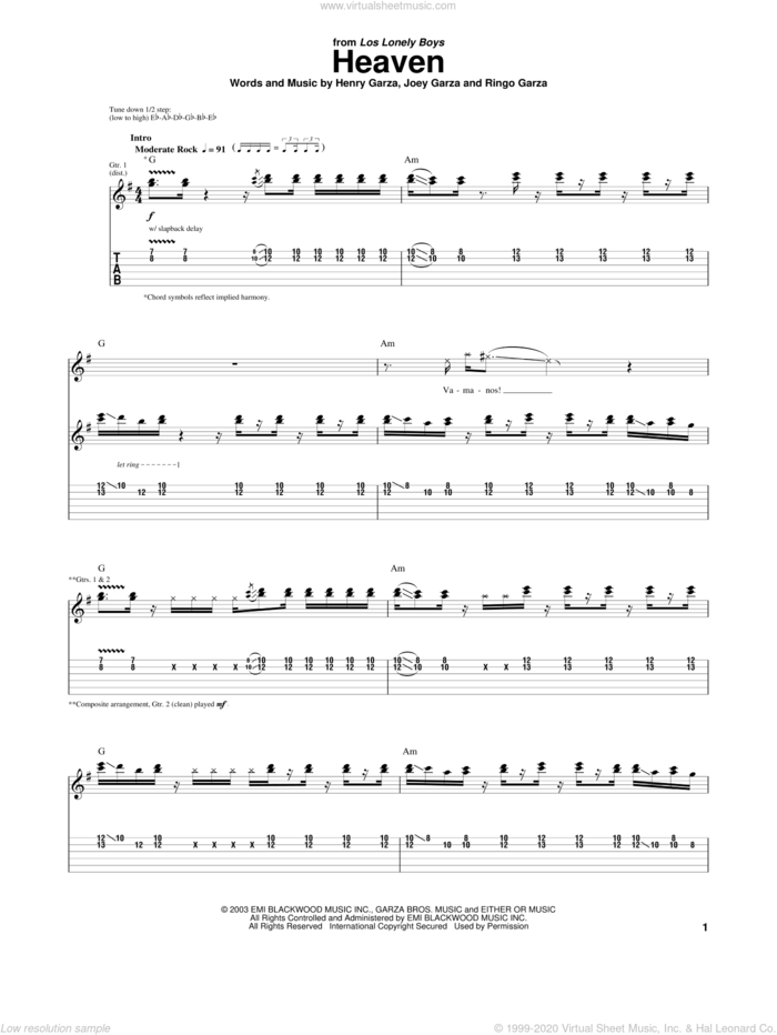 Heaven sheet music for guitar (tablature) by Los Lonely Boys, Henry Garza, Joey Garza and Ringo Garza, intermediate skill level