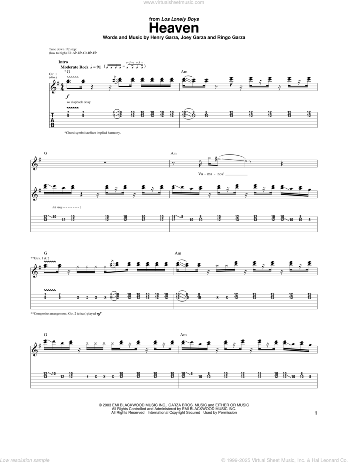 Heaven sheet music for guitar (tablature) by Los Lonely Boys, Henry Garza, Joey Garza and Ringo Garza, intermediate skill level