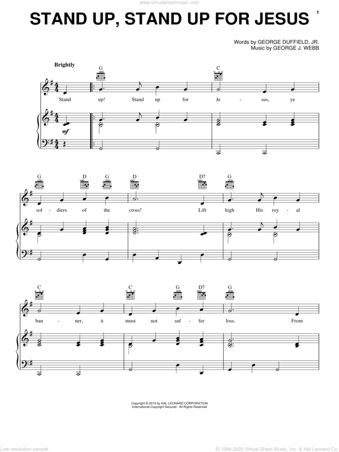Stand Up, Stand Up For Jesus sheet music for voice, piano or guitar by George Webb and George Duffield, Jr., intermediate skill level