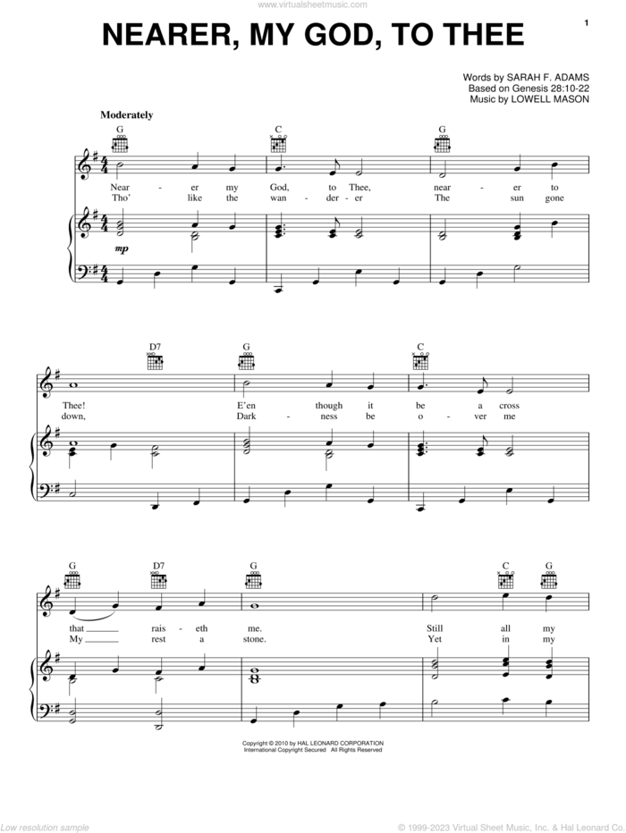 Nearer, My God, To Thee sheet music for voice, piano or guitar by Sarah F. Adams and Lowell Mason, intermediate skill level