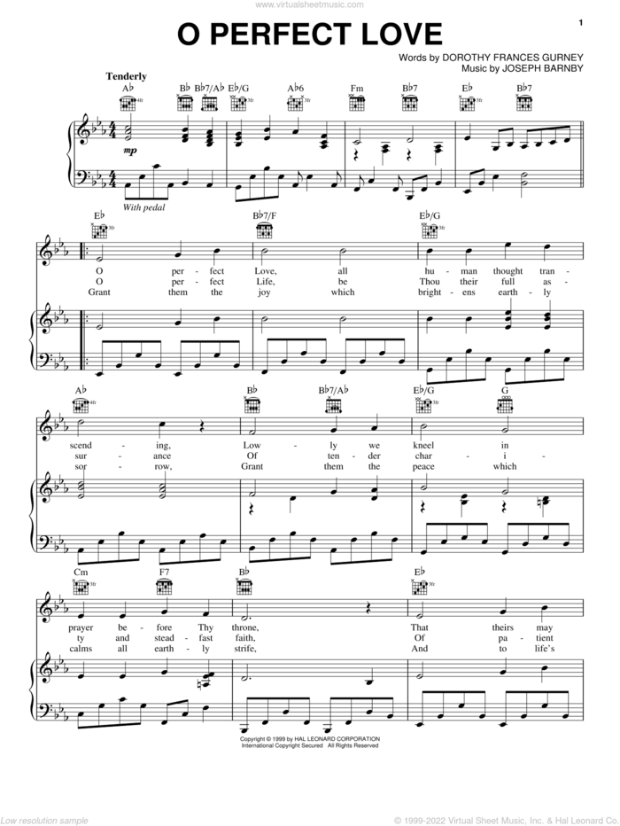 O Perfect Love sheet music for voice, piano or guitar by Joseph Barnby and Dorothy Frances Gurney, classical wedding score, intermediate skill level