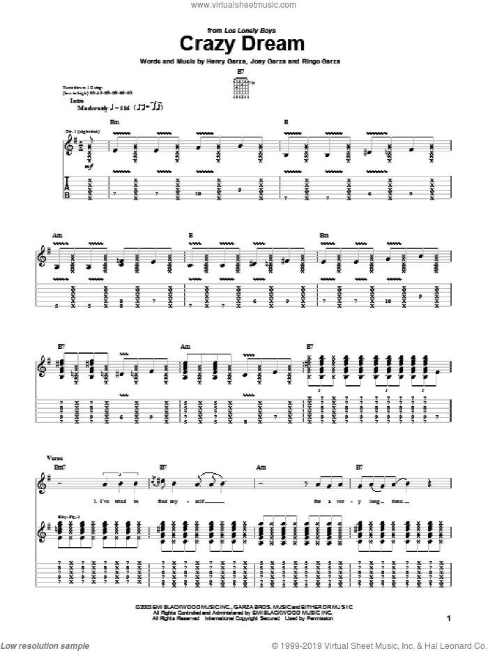 Crazy Dream sheet music for guitar (tablature) by Los Lonely Boys, Henry Garza, Joey Garza and Ringo Garza, intermediate skill level