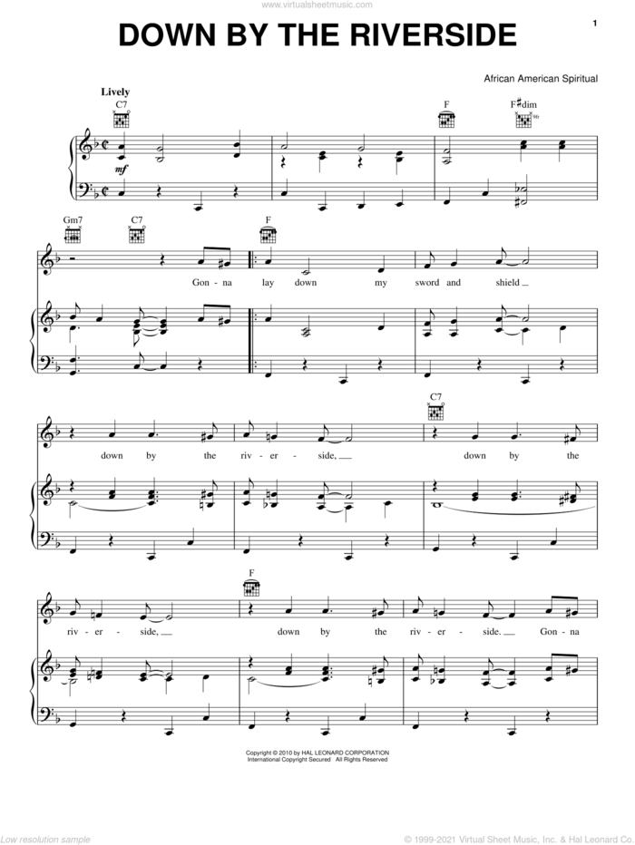 Down By The Riverside sheet music for voice, piano or guitar, intermediate skill level