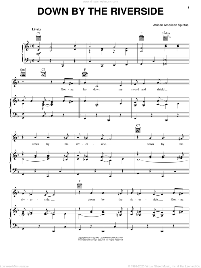 Down By The Riverside sheet music for voice, piano or guitar, intermediate skill level