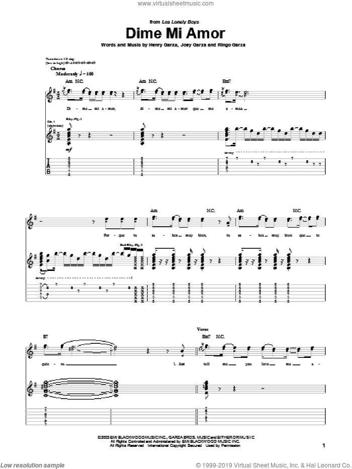 Dime Mi Amor sheet music for guitar (tablature) by Los Lonely Boys, Henry Garza, Joey Garza and Ringo Garza, intermediate skill level
