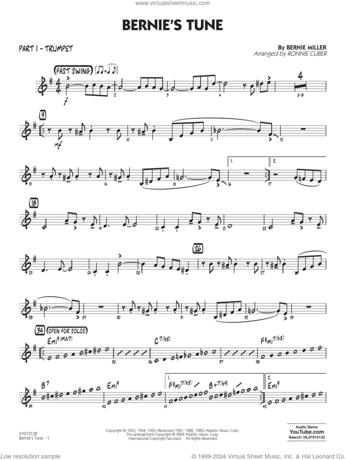 Bernie's Tune (arr. Ronnie Cuber) sheet music for jazz band (part 1 - trumpet) by Gerry Mulligan, Ronnie Cuber, Bernie Miller, Jerry Lieber and Mike Stoller, intermediate skill level