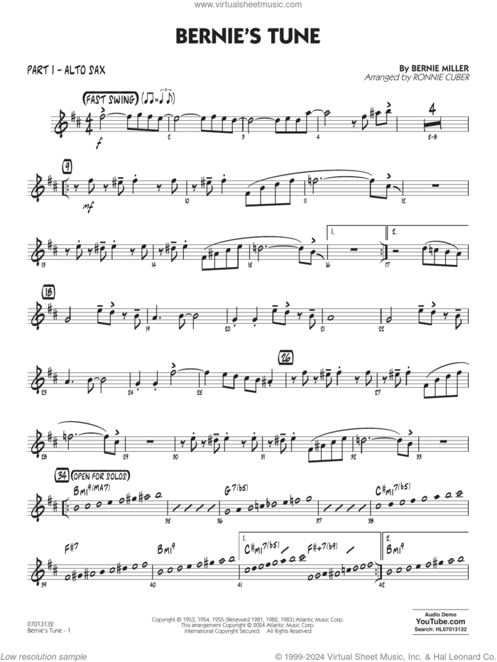 Bernie's Tune (arr. Ronnie Cuber) sheet music for jazz band (part 1 - alto sax) by Gerry Mulligan, Ronnie Cuber, Bernie Miller, Jerry Lieber and Mike Stoller, intermediate skill level