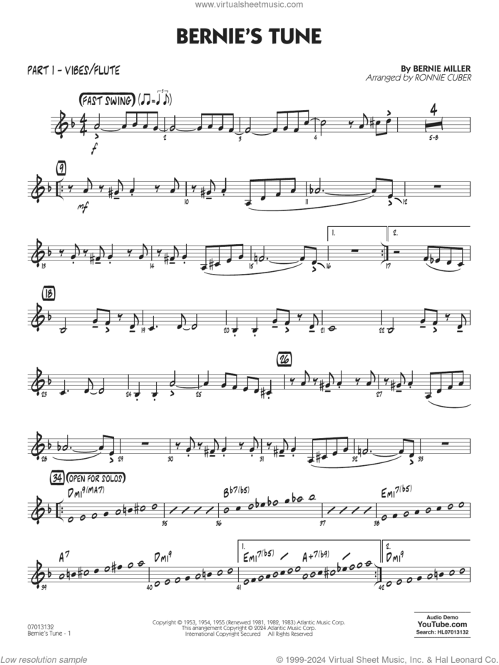 Bernie's Tune (arr. Ronnie Cuber) sheet music for jazz band (vibes/flute) by Gerry Mulligan, Ronnie Cuber, Bernie Miller, Jerry Lieber and Mike Stoller, intermediate skill level